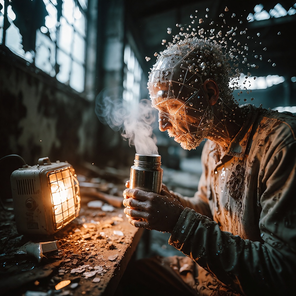 A cinematic photograph of a dusty,  abandoned industrial warehouse. Moonlight streams through broken windows,  illuminatin...