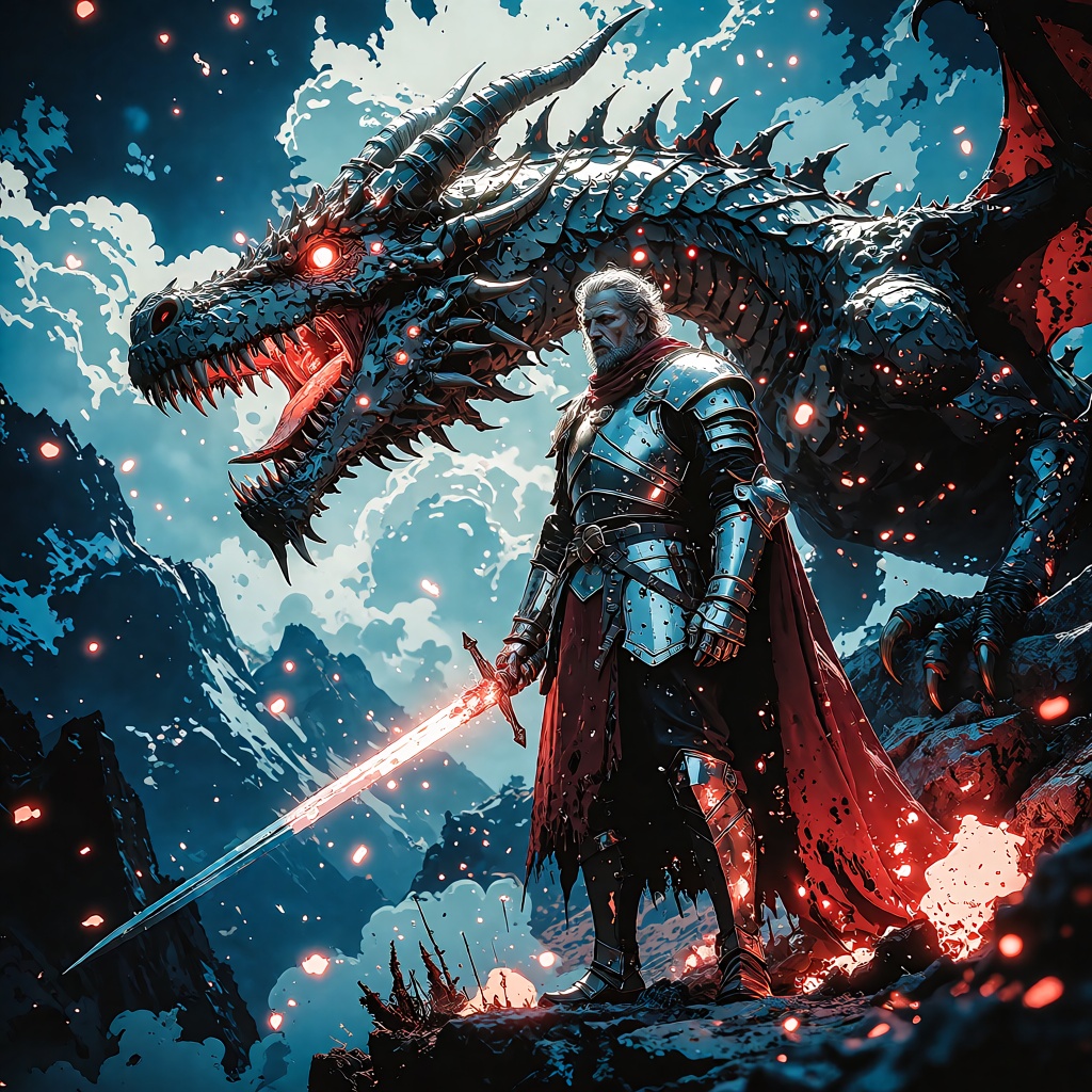 Neo-Pop fantasy cel-shaded illustration,  a powerful ***** knight standing in the foreground beside a massive dragon perch...