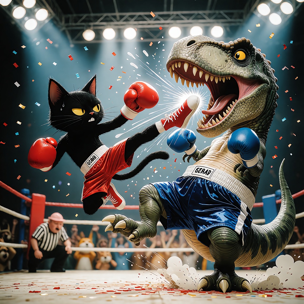 whimsical storybook illustration: A hilarious action scene inside a boxing ring: a muscular black cat,  wearing red boxing...