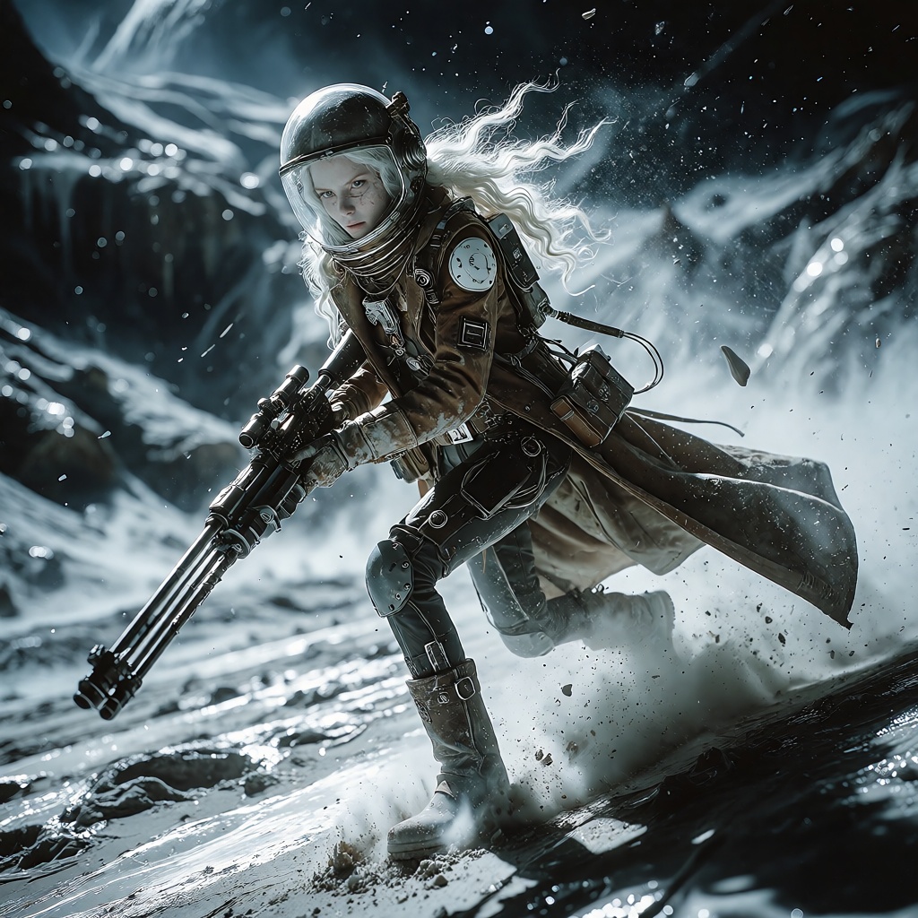 Nocturnal Alien Hunt A cinematic,  ultra-detailed science-fiction action scene featuring a beautiful,  clearly ***** blond...