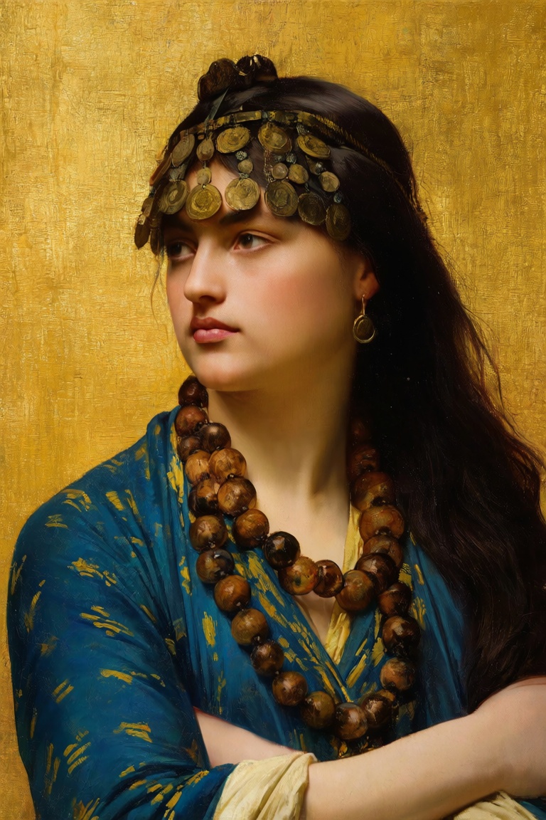 The image depicts a richly adorned figure,  dressed in a traditional outfit that includes a blue garment with yellow patte...