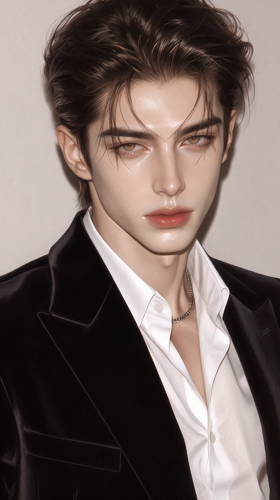 (Highly refined art style) 1male,  solo,  delicate brushwork. A hyper-realistic digital painting features a handsome young...