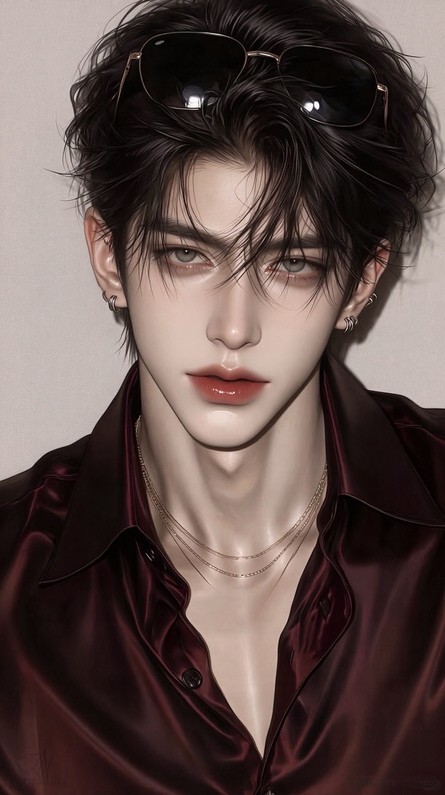 (Highly refined art style) 1male,  solo,  delicate brushwork. A digital portrait of a young man with sharp facial features...