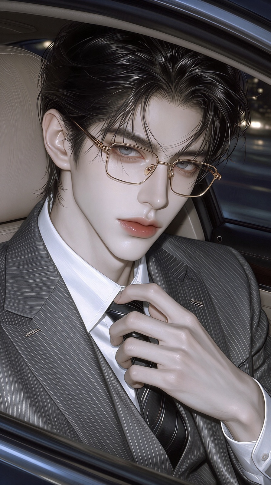 (Highly refined art style) 1male,  solo,  delicate brushwork. An individual with striking features sits in the driver's se...