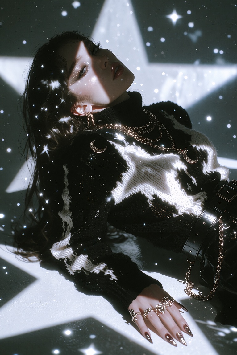 A cinematic,  high-fashion editorial portrait of a woman with long,  dark hair featuring subtle star-patterned highlights...
