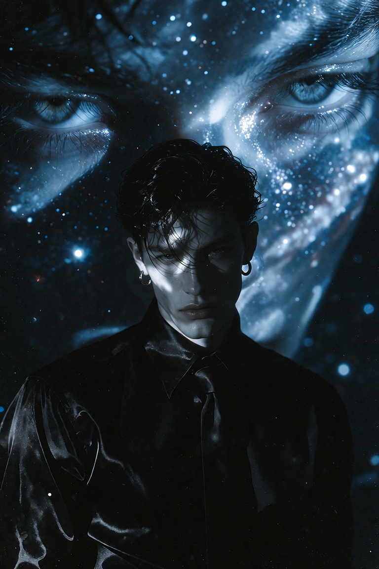 A cinematic,  avant-garde fashion portrait of a young man with dark,  slicked-back hair on Tensor.Art