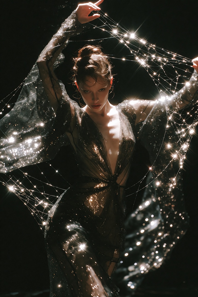 A cinematic,  avant-garde high-fashion portrait of a woman standing centrally against a pitch-black background,  framed by...