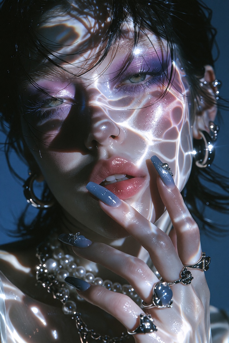 A cinematic,  high-fashion close-up editorial portrait of a person with short,  choppy black hair and striking light eyes...