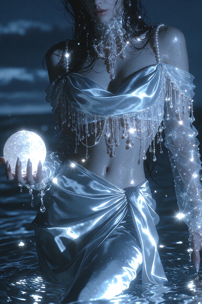A figure bathed in an ethereal,  moonlight-blue glow stands posed in an otherworldly aquatic landscape,  exuding high-fash...