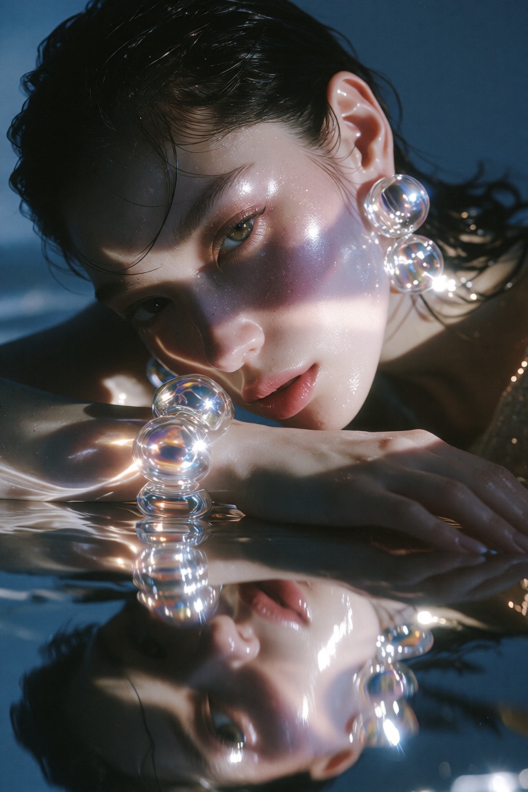 A cinematic,  high-fashion editorial portrait of a woman with sleek dark hair and glowing,  luminous skin on Tensor.Art