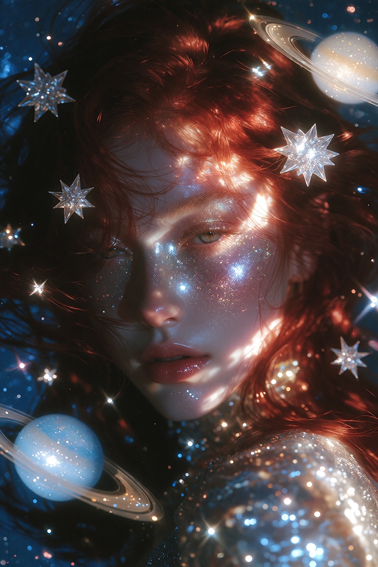 A cinematic,  high-fashion experimental portrait of a person with long,  flowing auburn and deep red hair that billows upw...
