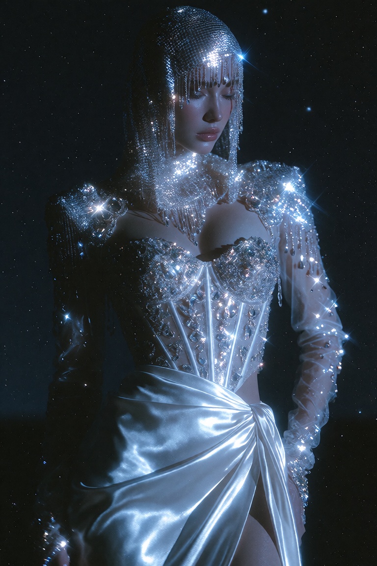 A cinematic,  high-fashion editorial portrait of a woman standing against a deep,  dark cosmic background on Tensor.Art