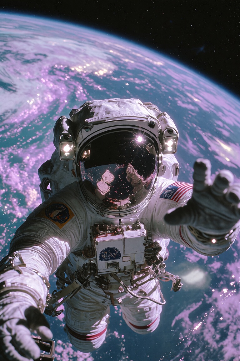 An astronaut reaches out toward the viewer while performing a spacewalk high above Earth,  captured in a dramatic,  wide-a...