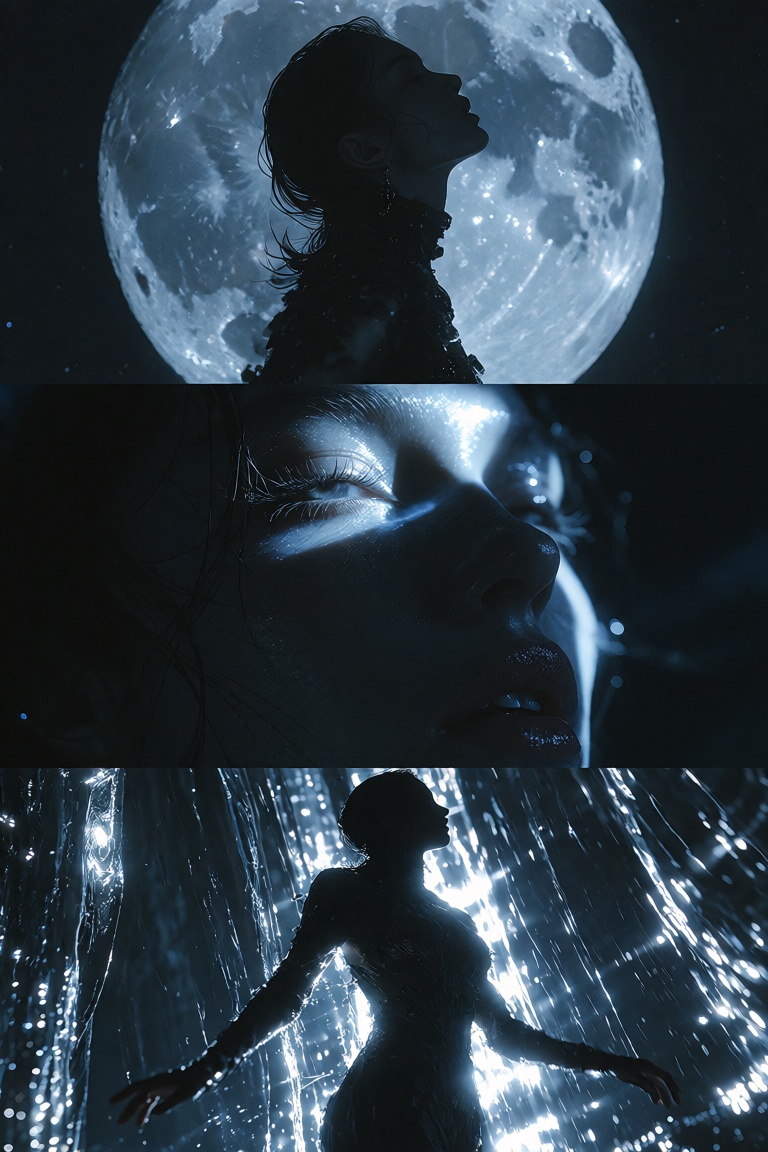 A three-panel moodboard bathed in cool,  atmospheric cyan and deep cobalt blues evokes a dark,  cinematic siren allure. Th...