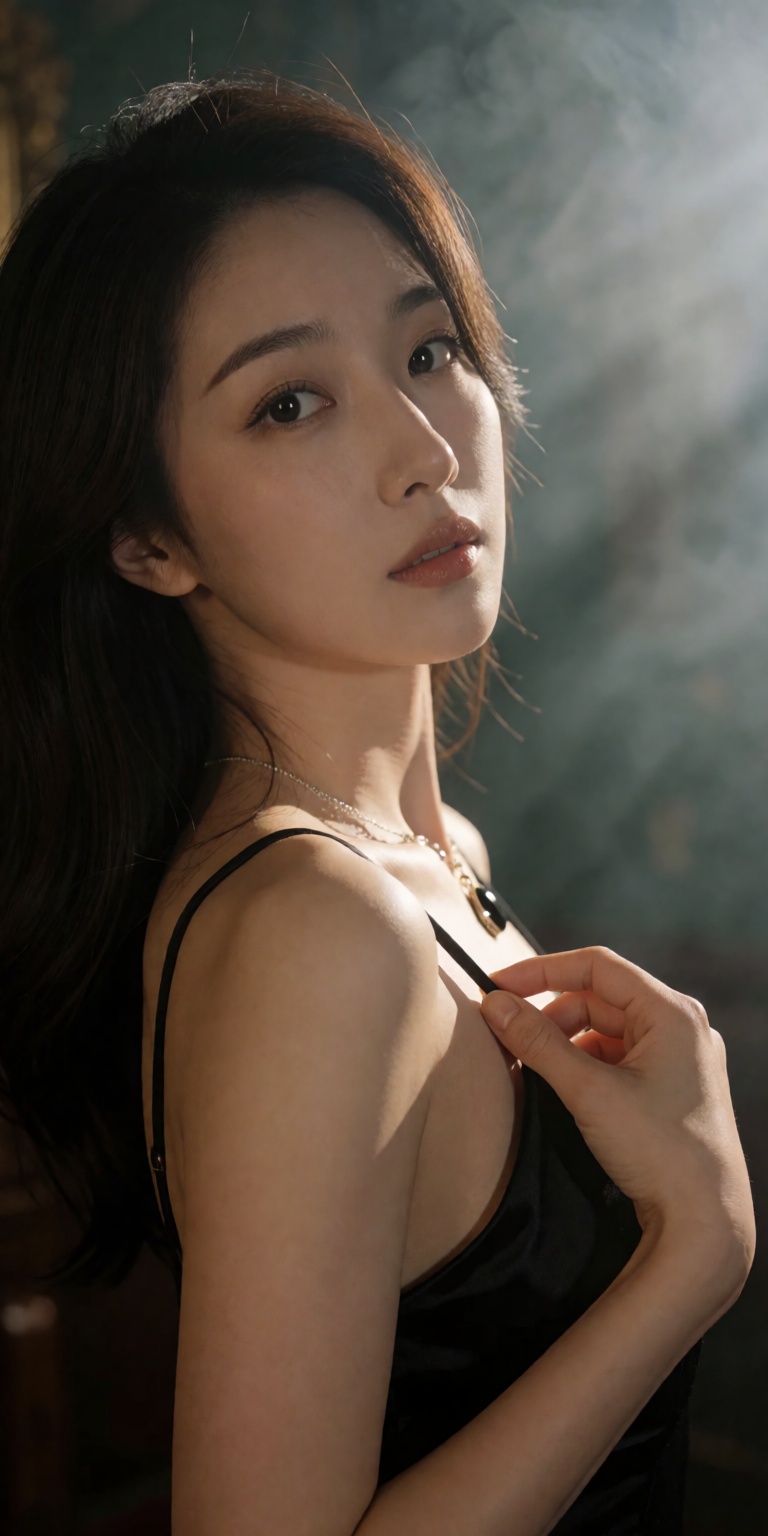 Fine-art DSLR fashion portrait of an elegant East Asian woman. Dynamic over-the-shoulder perspective,  close-up camera dis...