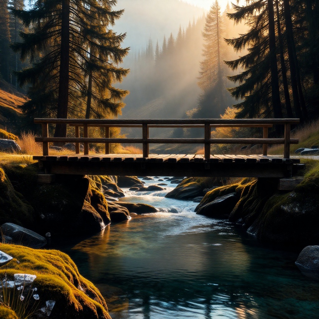 realnature,  a raw award-winning photograph of an old wooden bridge over a crystal-clear mountain stream in early autumn....