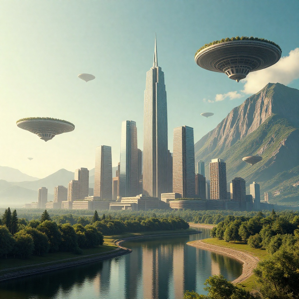 Create an image that depicts a futuristic cityscape with towering structures blending seamlessly into a natural environmen...