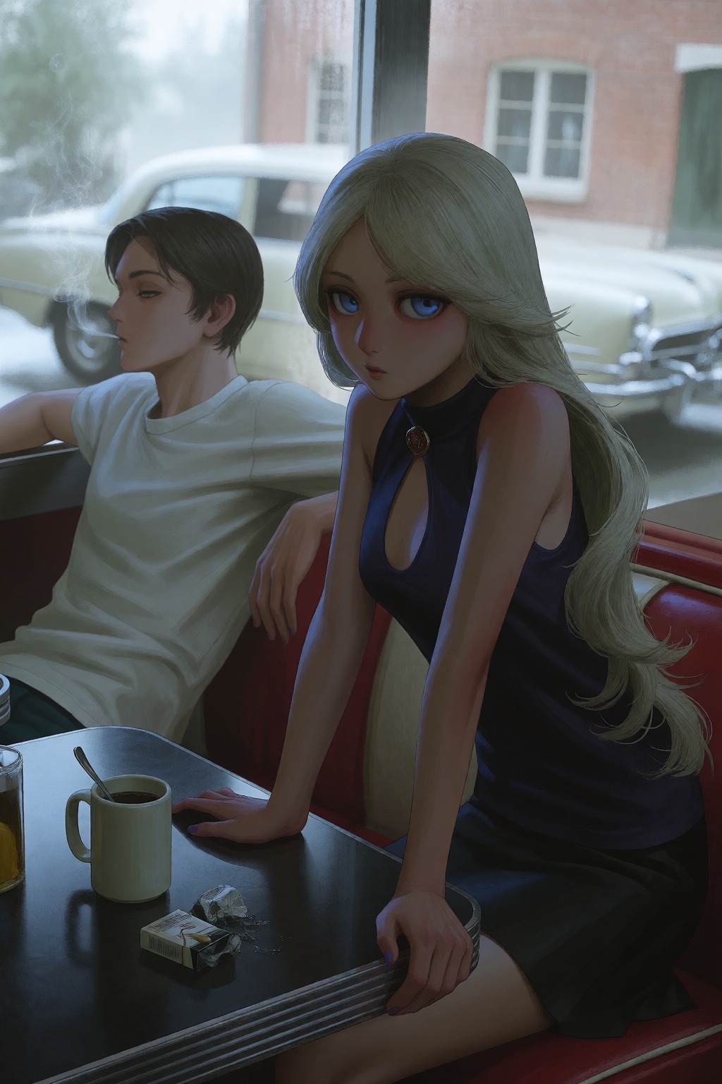 Kanikumitoistyle,  A clandestine 1960s paparazzi photograph captures a young couple inside a diner booth,  shot from outsi...