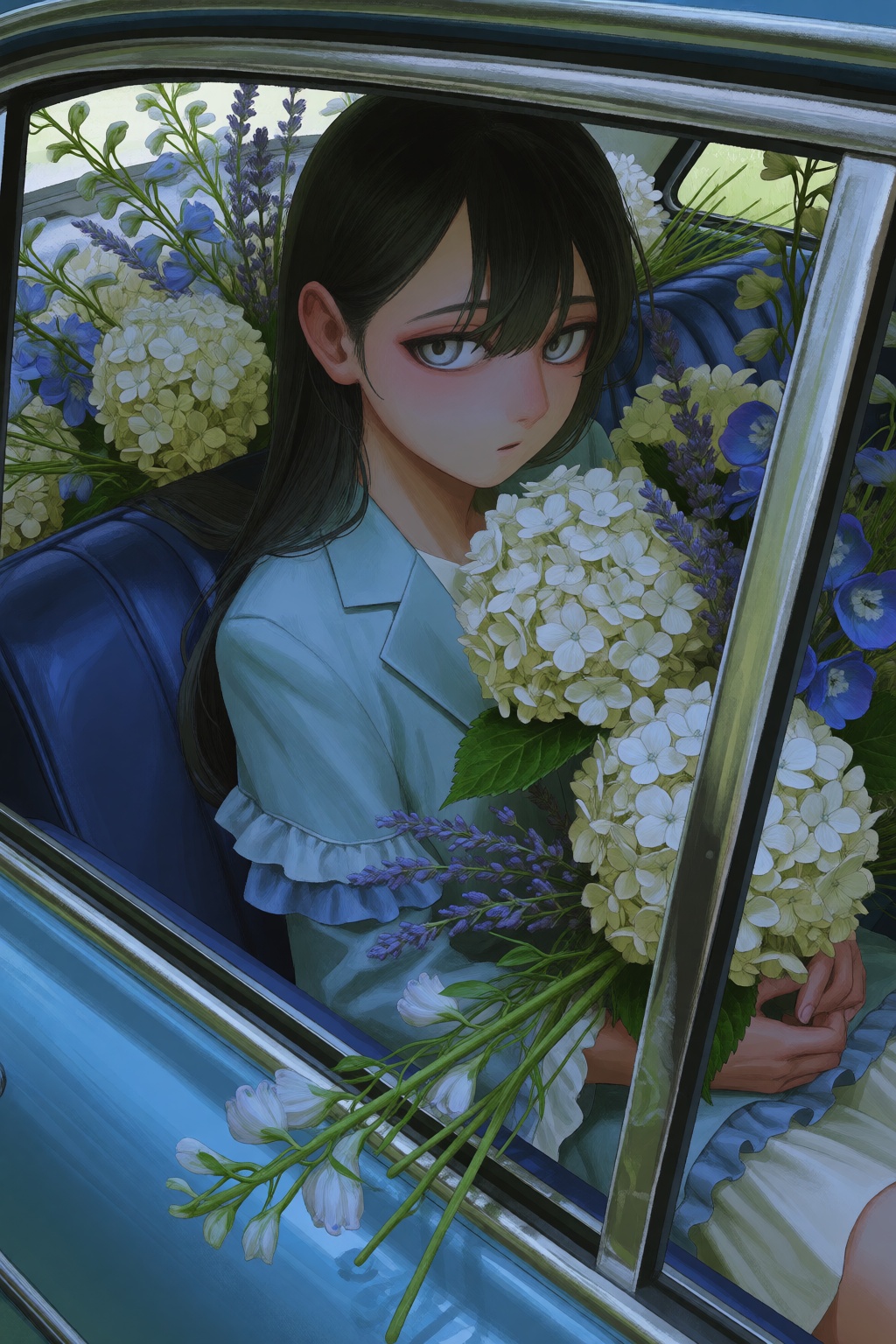 Kanikumitoistyle,  In a high-angle medium shot peering through the window of a vintage blue car,  a young woman with long...