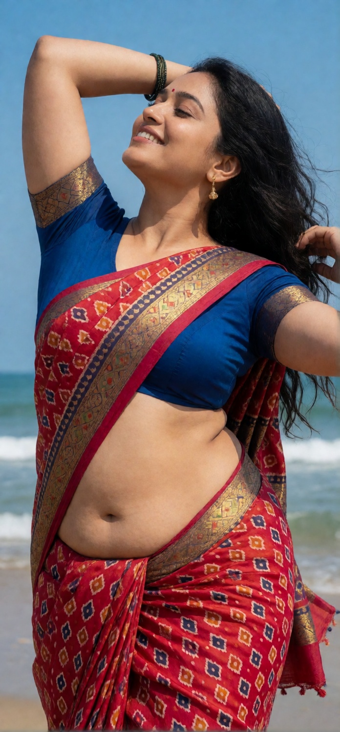 A Mallu woman in a bikini,  showcasing a T-navel shape,  with vibrant colors and ethnic patterns blending seamlessly into...