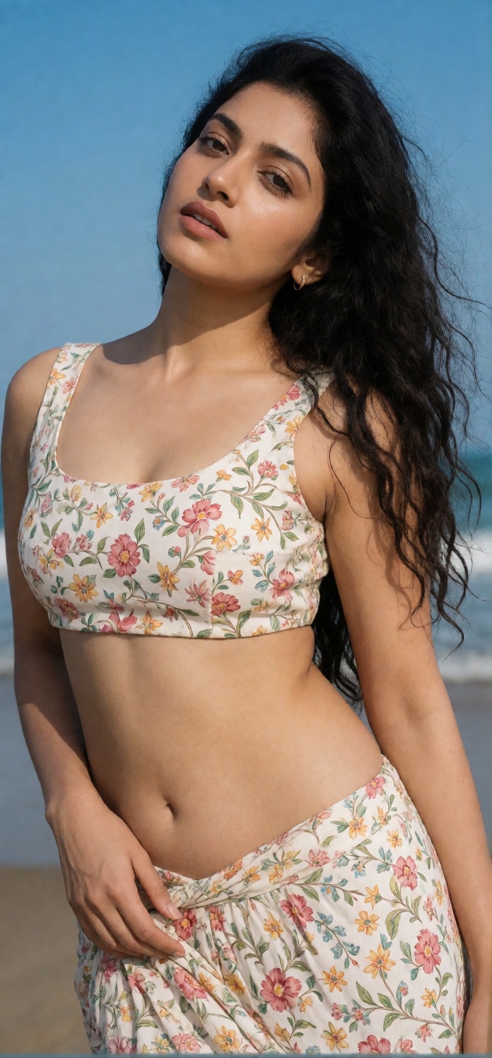 A Mallu woman in a bikini,  showcasing a T-navel shape,  with vibrant colors and ethnic patterns blending seamlessly into...