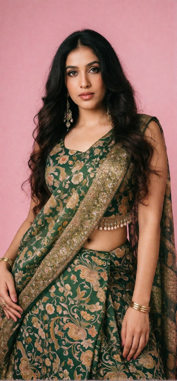 Photograph of a smiling Indian woman with long,  straight black hair and medium brown skin. She is wearing a green,  cropp...