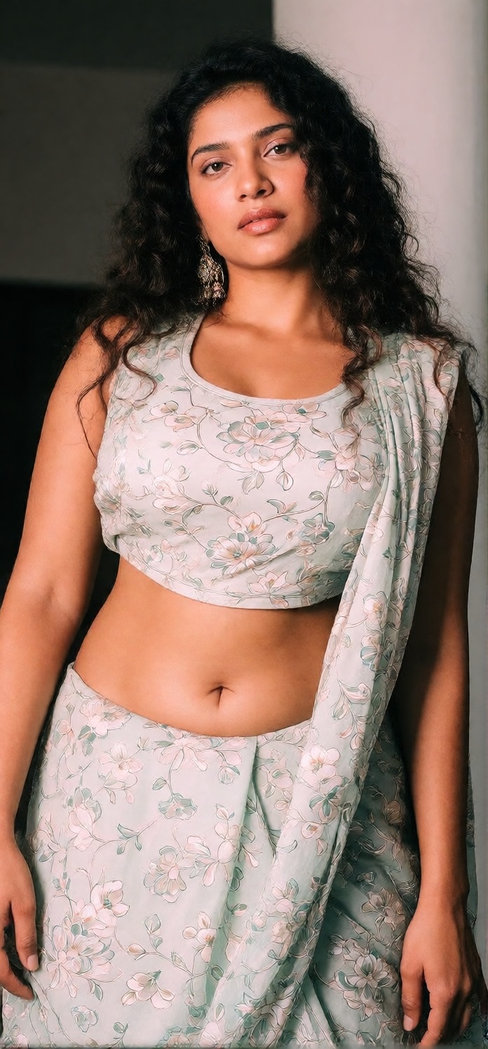 Photograph of a smiling Indian woman with long,  straight black hair and medium brown skin. She is wearing a green,  cropp...