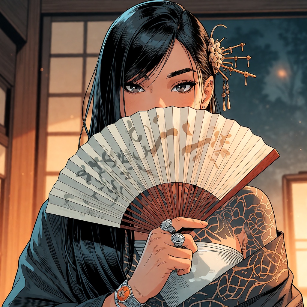 Create a modern comic style masterpiece with the highest quality,  featuring a solo 1girl with black hair and Japanese clo...