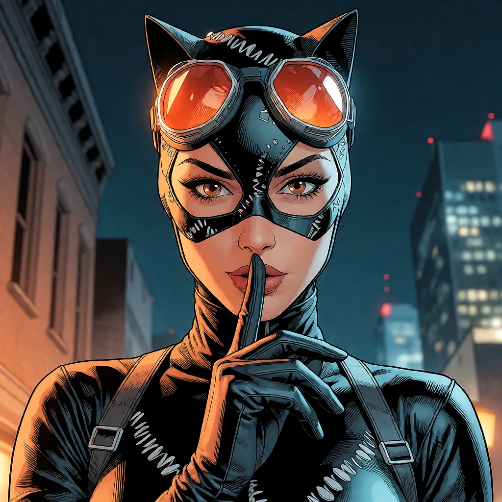 A beautiful modern comic-book style render of Catwoman (DC),  black latex catsuit,  goggles on Tensor.Art