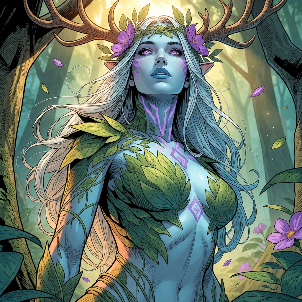 A beautiful modern comic depection of a dryad,  antlers,  long hair on Tensor.Art