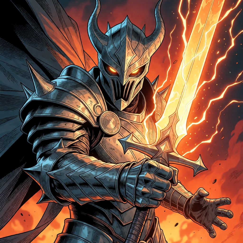 Dynamic comic cover art,  half-body shot,  wearing full dark eldritch metal armor with demonic spikes on Tensor.Art