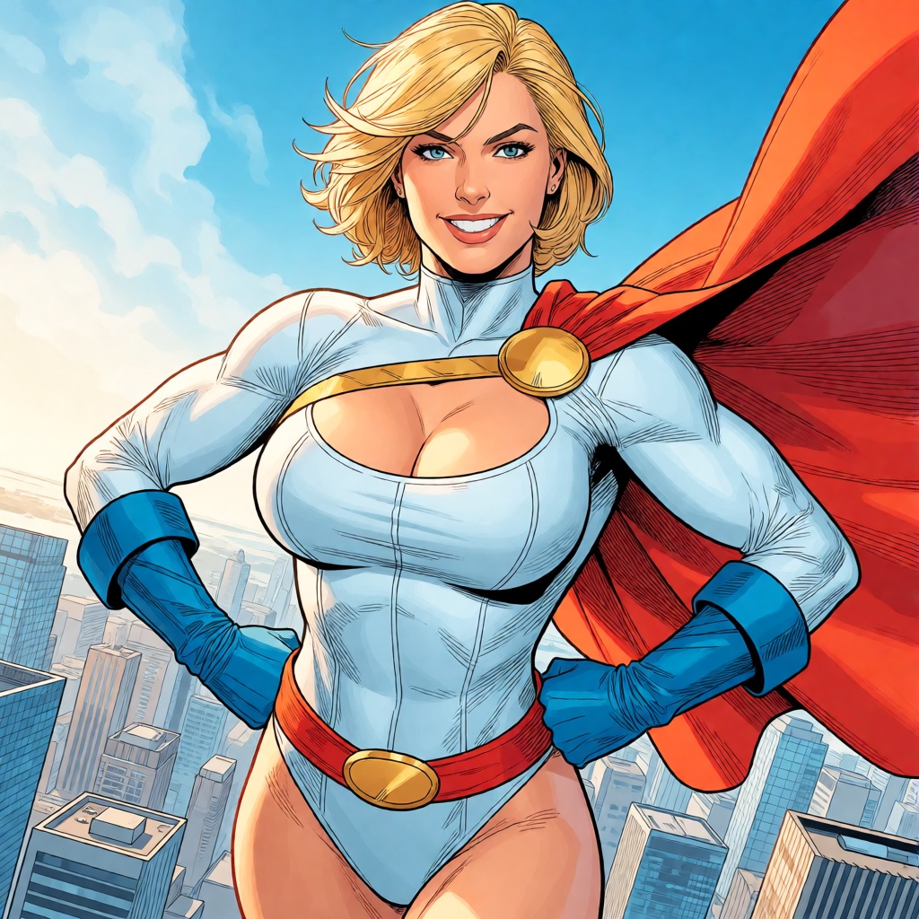 Create a comic-style illustration featuring Power Girl (DC),  short hair,  blonde hair on Tensor.Art