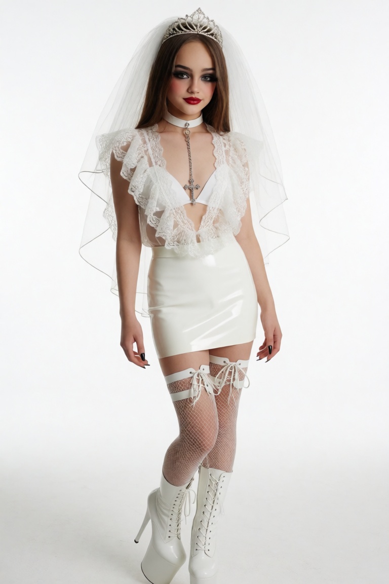 Full-length shot of young russian woman standing on a plain bright white background,  bright even lighting. She is very sl...