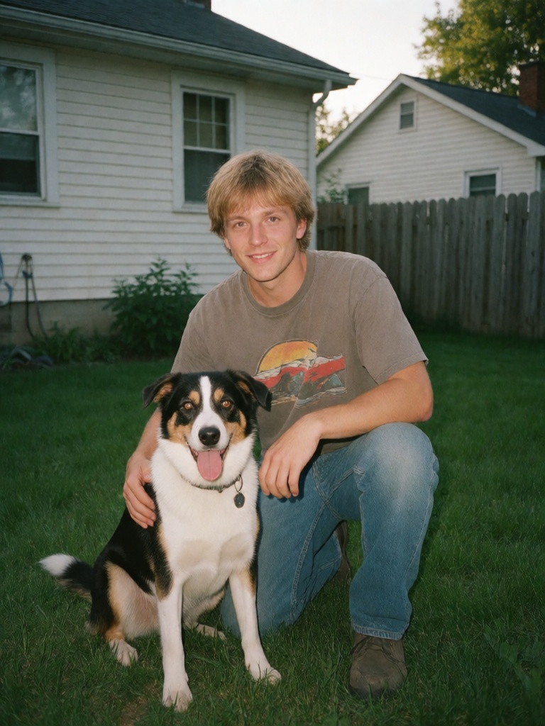 A 2000s digital photo of a shapely,  blonde guy kneeling next his dog at the backyard of his house. 2000s Style. on Tensor...