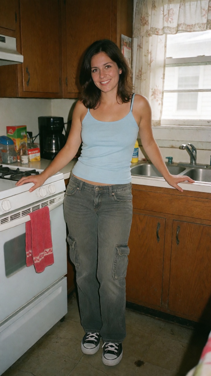 A 2000s digital photo of a brunette woman in the kitchen of her modest house. She wears a light blue spaghetti strap ****...