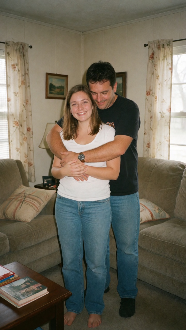 A 2000s digital photo of a man lovingly embracing his beautiful wife in the living room of their modest house. 2000s Style...