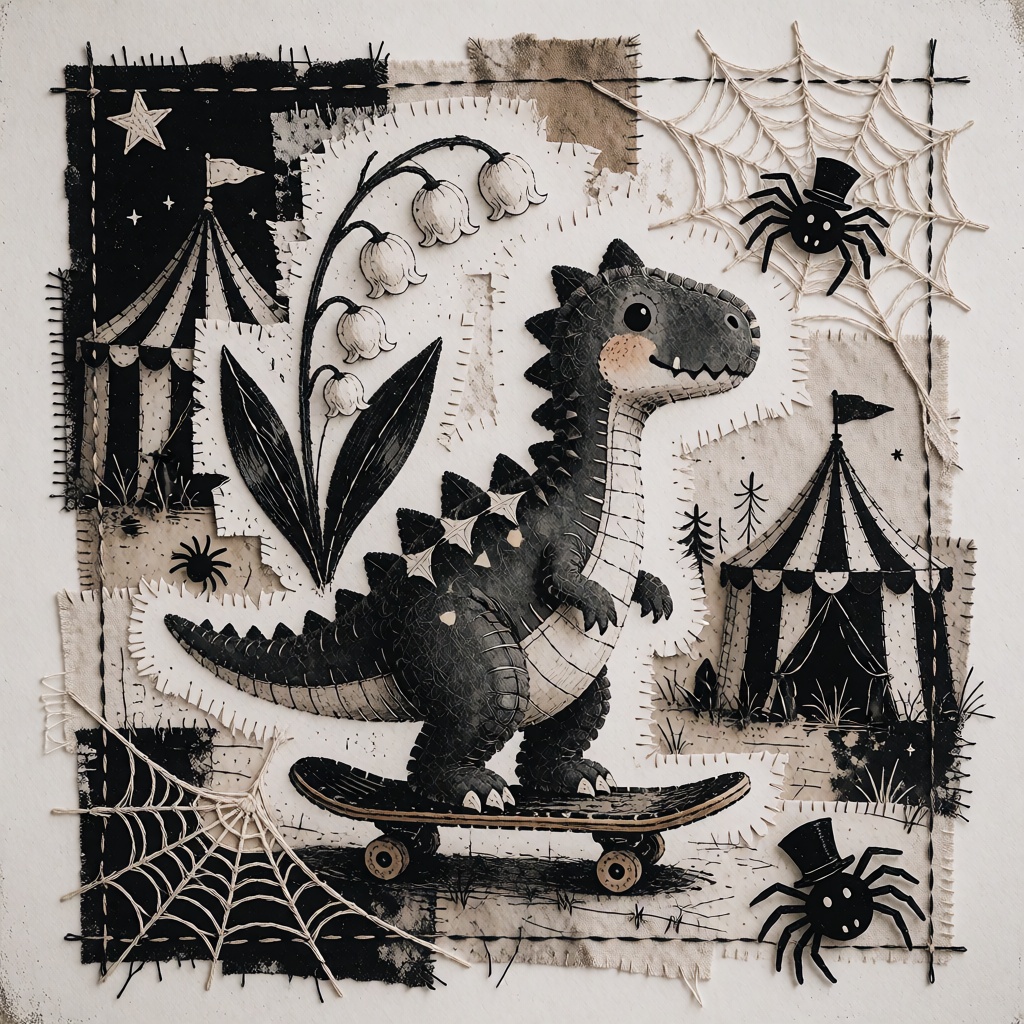 A gentle,  artisanal mixed media fabric collage. The composition is a sweet,  friendly scene of a dinosaur on a skateboard...