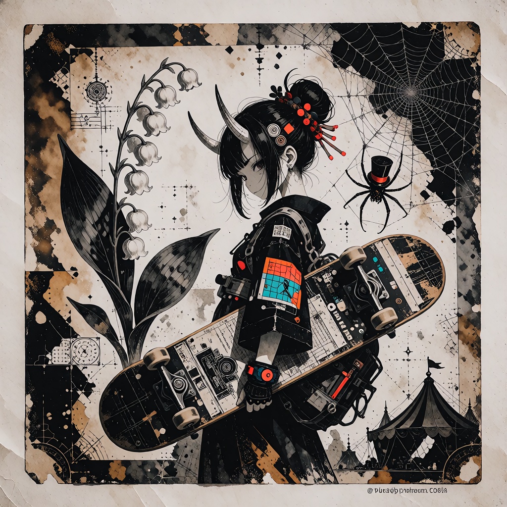A sophisticated,  high-contrast mixed media collage. The composition is a stylized,  cyberpunk interpretation of a classic...