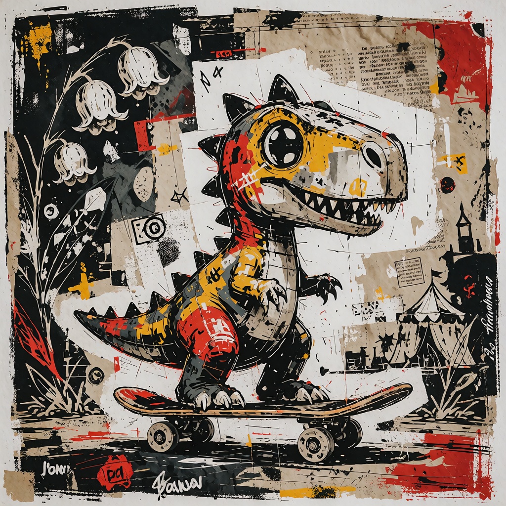 A high-detail mixed media collage painting in the raw,  energetic style of Jean-Michel Basquiat. The central subject is a...