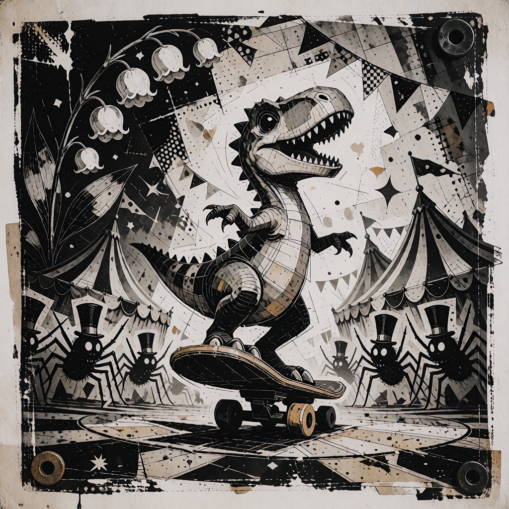 A dynamic,  expressive mixed media collage piece illustrating a chaotic Jurassic circus. The artwork is built on rough ply...