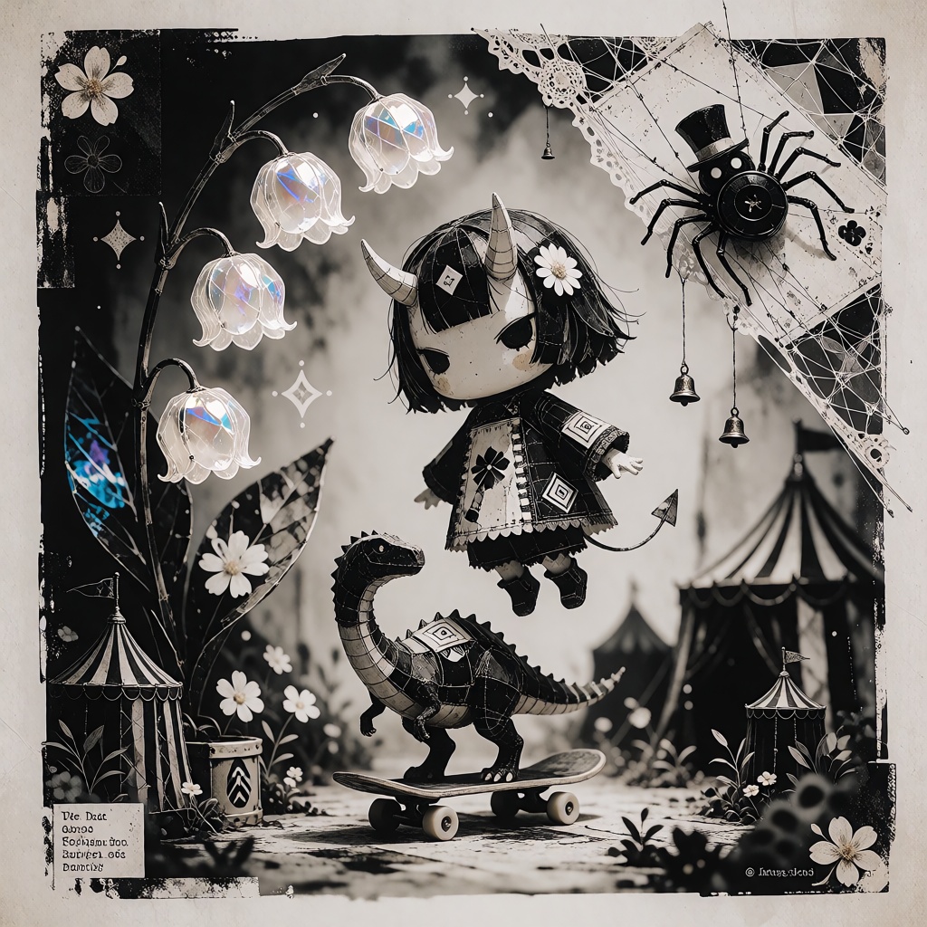 A whimsical and surrealist mixed media collage,  built like a shadow box. The central figure is an Oni girl (with kawaii f...