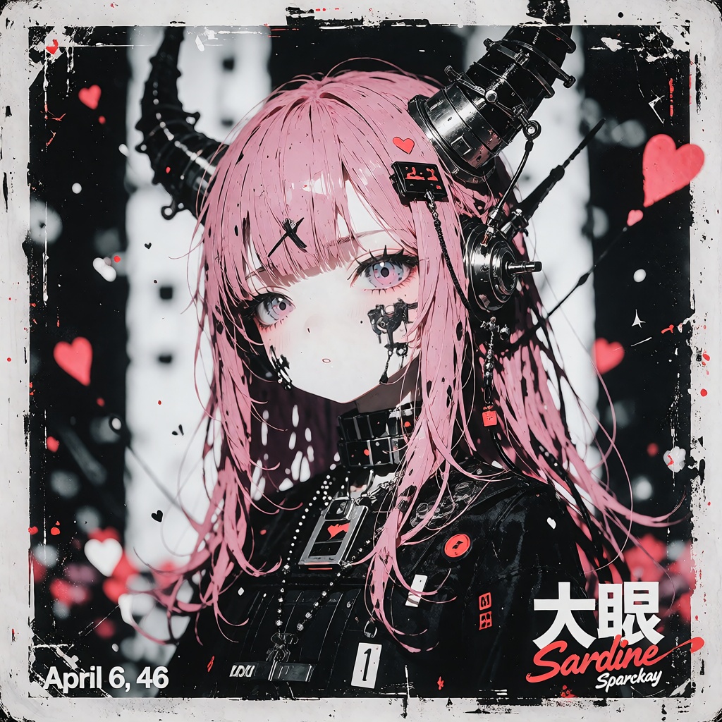 The image features a character with long pink hair and purple eyes,  wearing a black outfit adorned with various mechanica...