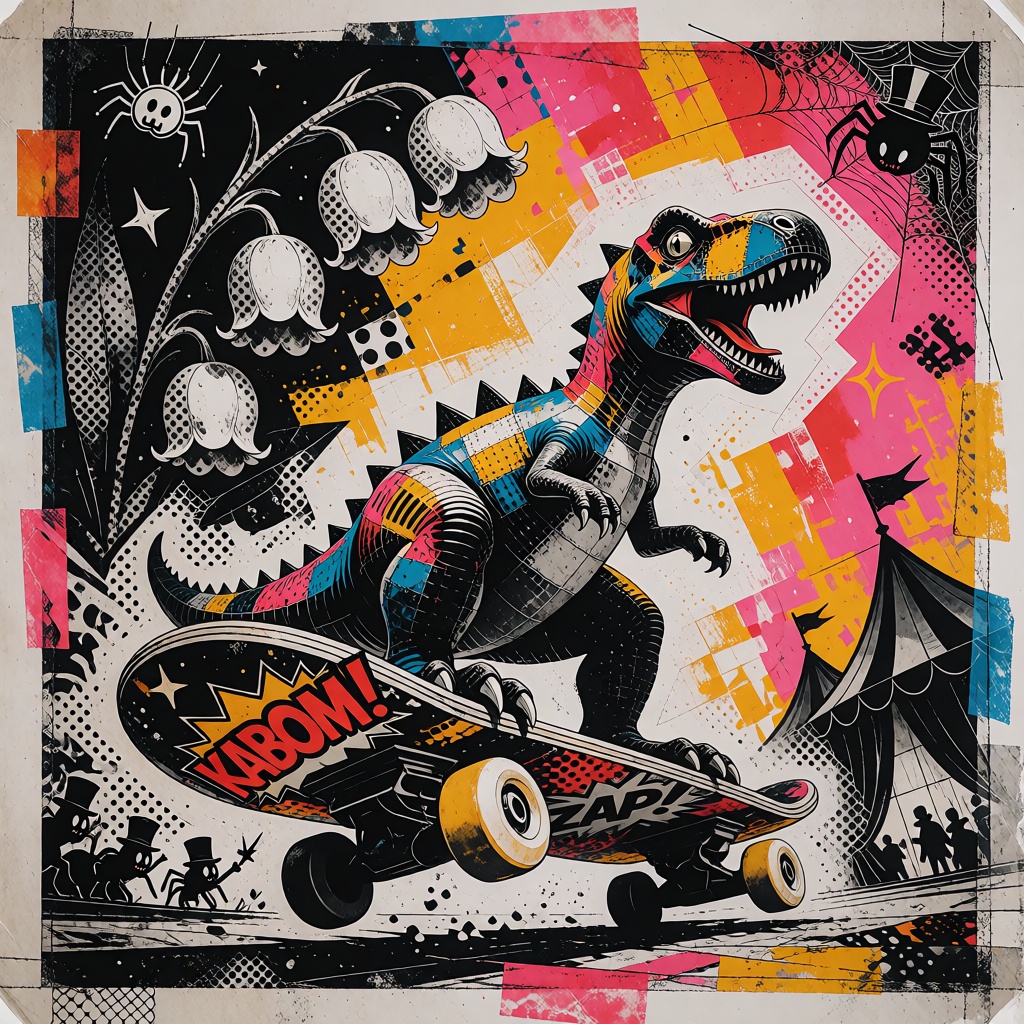 A bold and colorful mixed media pop-art style collage,  inspired by comic books. The composition is a dynamic scene of a d...