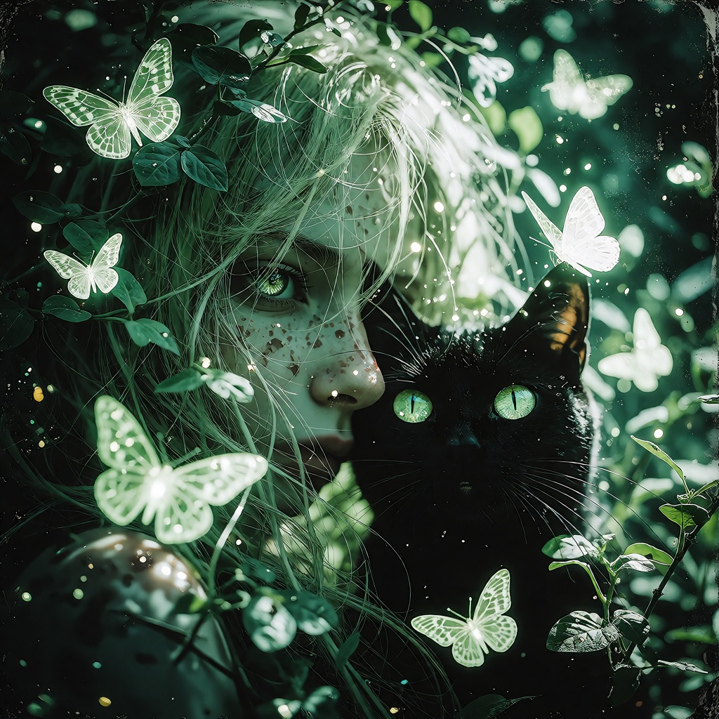 The image depicts a serene and mystical scene. A woman with long,  flowing green hair is partially hidden by lush,  leafy...