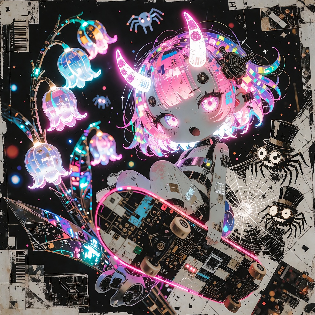A detailed mixed media collage artwork set in a vibrant cyberpunk future. The subject is a kawaii Japanese Oni girl with g...