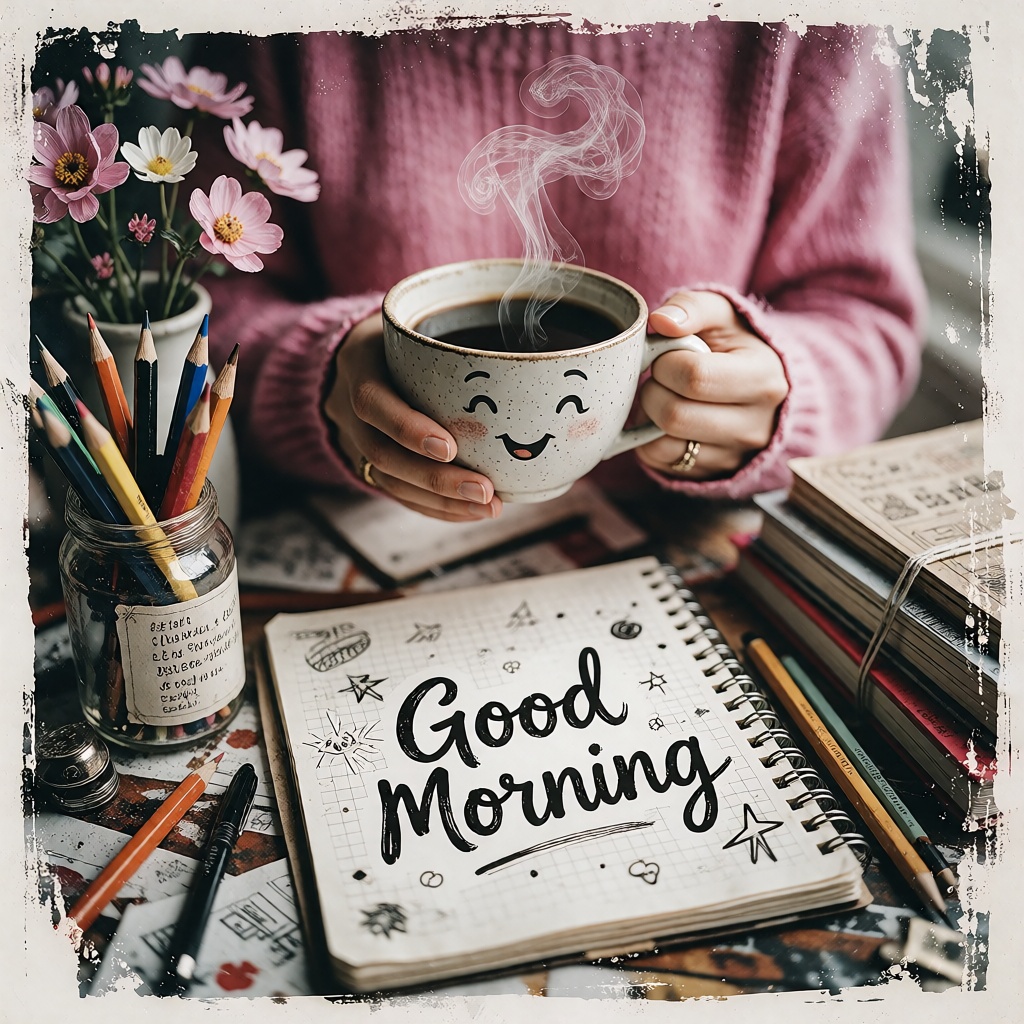 The image depicts a cozy and creative workspace with a focus on a person holding a cup of coffee. The coffee cup has a che...