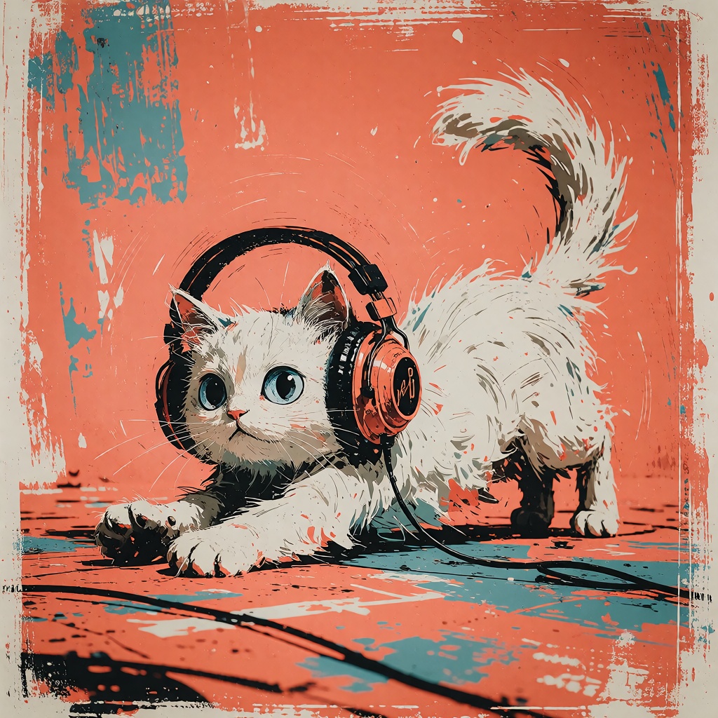 Playful painted illustration of a fluffy white cat in oversized orange headphones stretching across a coral studio floor....