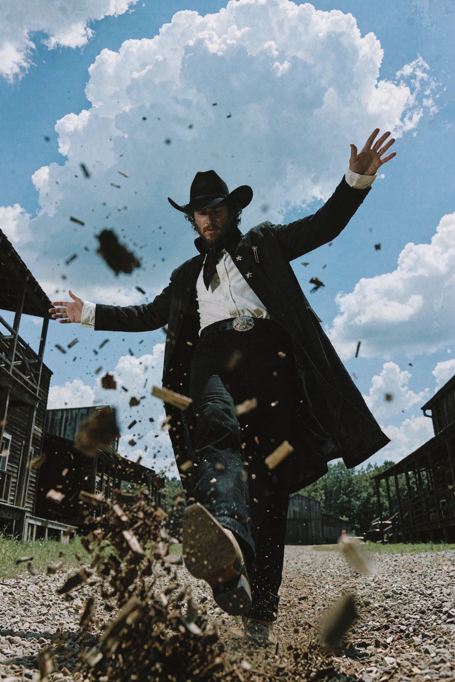 Cinematic western action editorial photograph of a man captured mid-motion from an extreme worm's-eye low angle,  arms out...