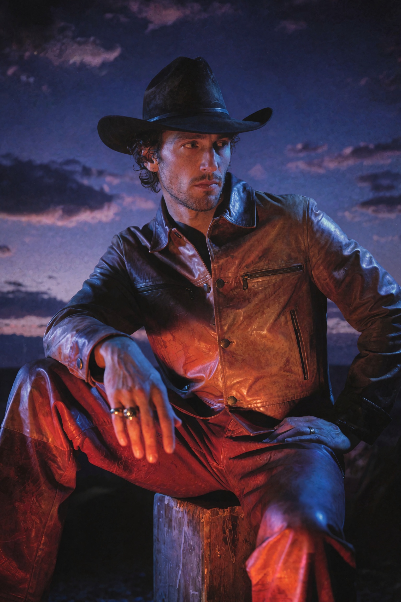 Cinematic western-noir editorial photograph of a man seated leaning forward with one knee raised,  head turned to the side...