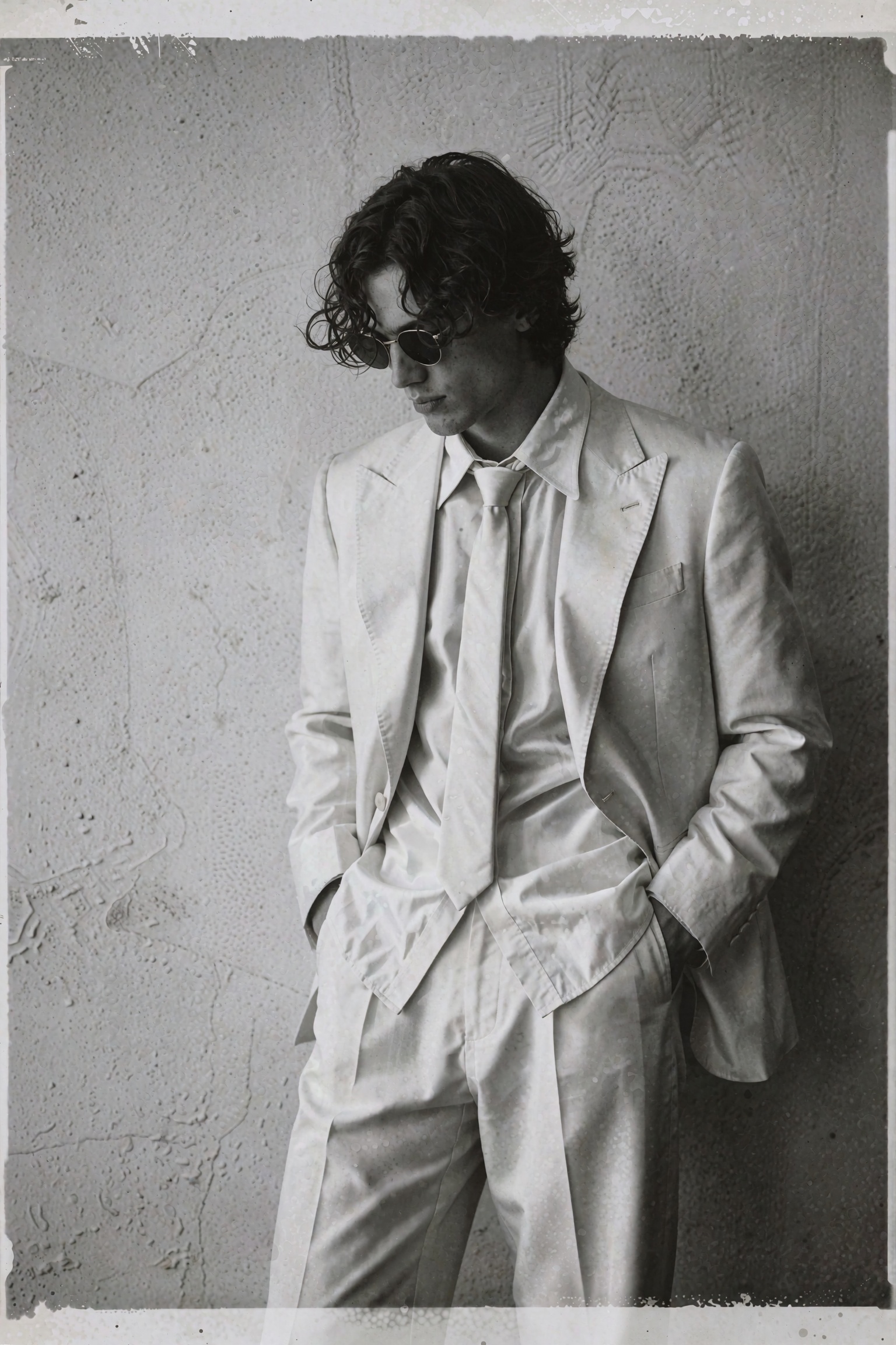 Cinematic classic monochrome menswear editorial photograph of a young man standing against a plain textured wall,  head bo...
